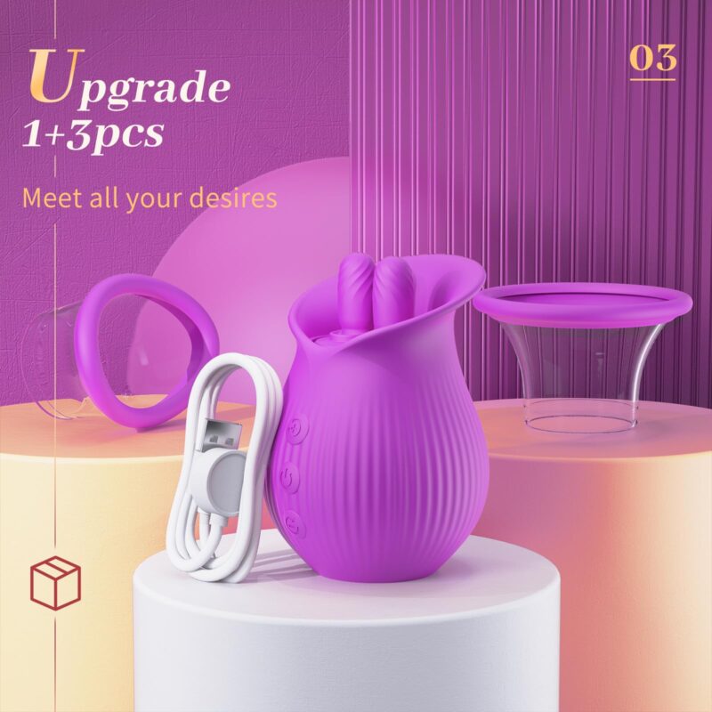 Rose Romeo - 3in1 Rose Sex Toy with 2 Suction Cups, Adult Toys Female Clitoral Nipple Vibrators with 10 Licking Sucking Vibrating