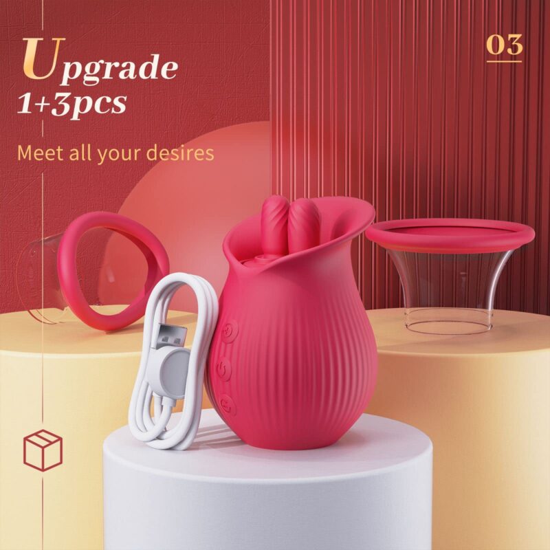 Rose Romeo - 3in1 Rose Sex Toy with 2 Suction Cups, Adult Toys Female Clitoral Nipple Vibrators with 10 Licking Sucking Vibrating
